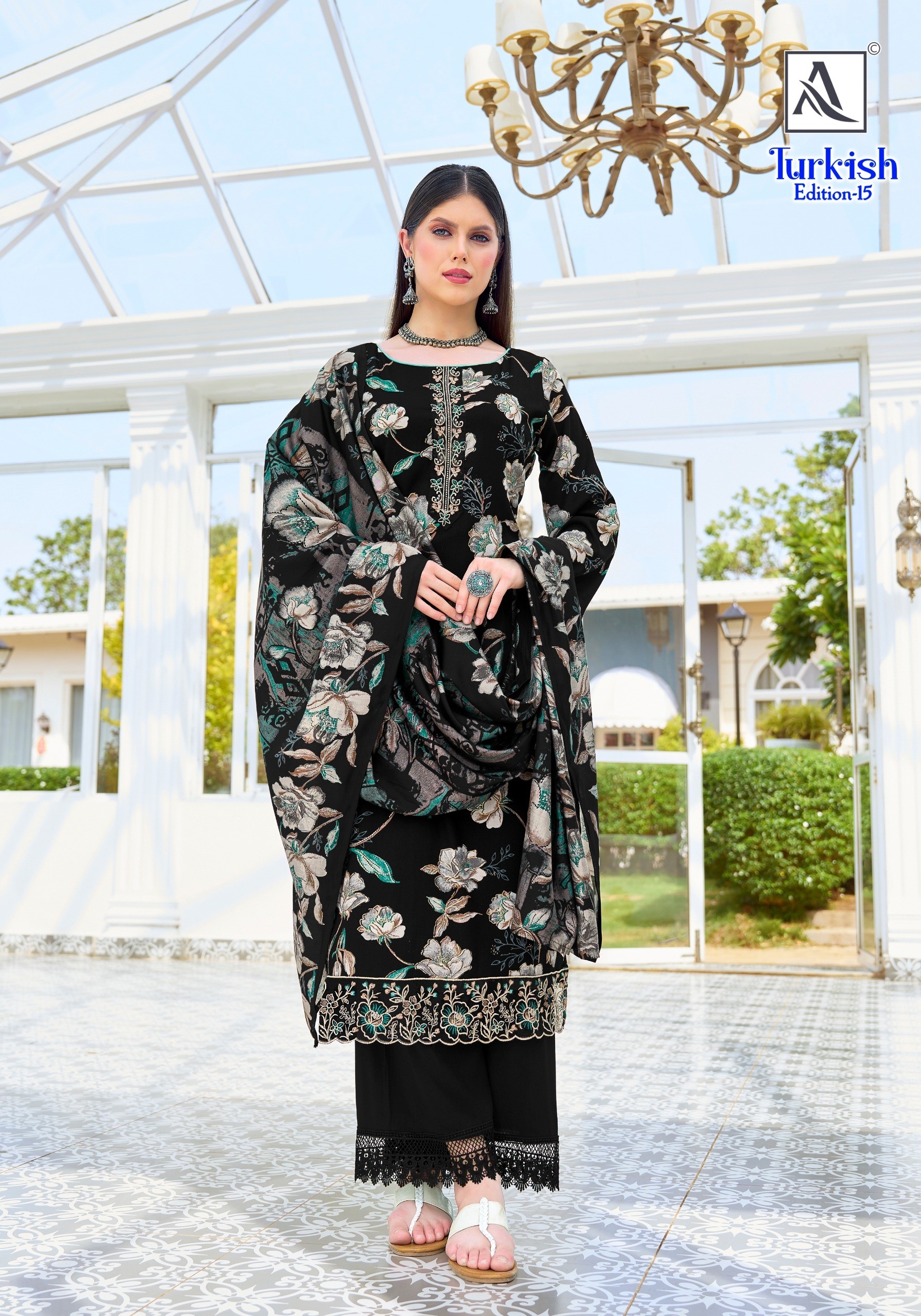 TURKISH - 15 PURE VISCOSE REYON PRINT WITH FOIL AND FANCY EMBROIDERY WORK IN ALOK SUIT 