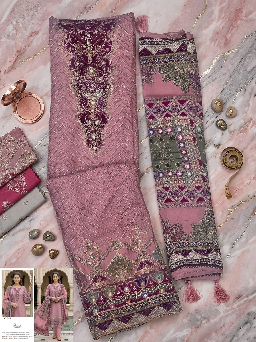 KT - 371 - 377 PURE VISCOSE MASLIN DIGITAL PRINT AND HAND WORK IN PAKISTANI SUIT 