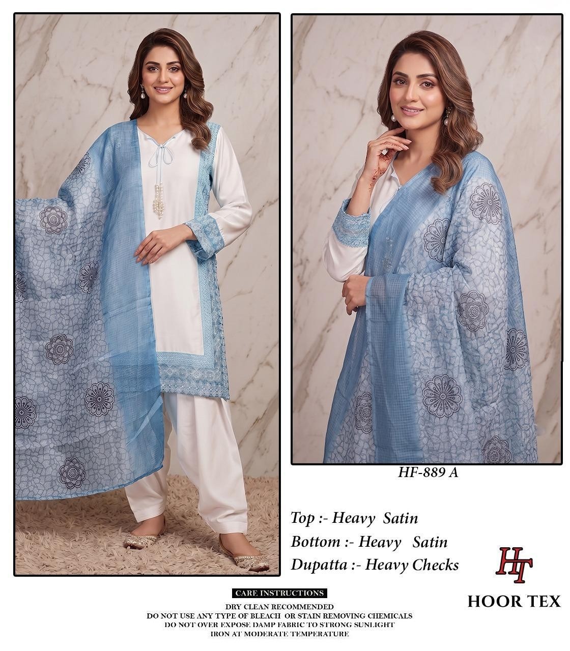 HF - 889 A B C D HEAVY SATIN READYMADE PAKISTANI SUIT BY HOOR TEX 