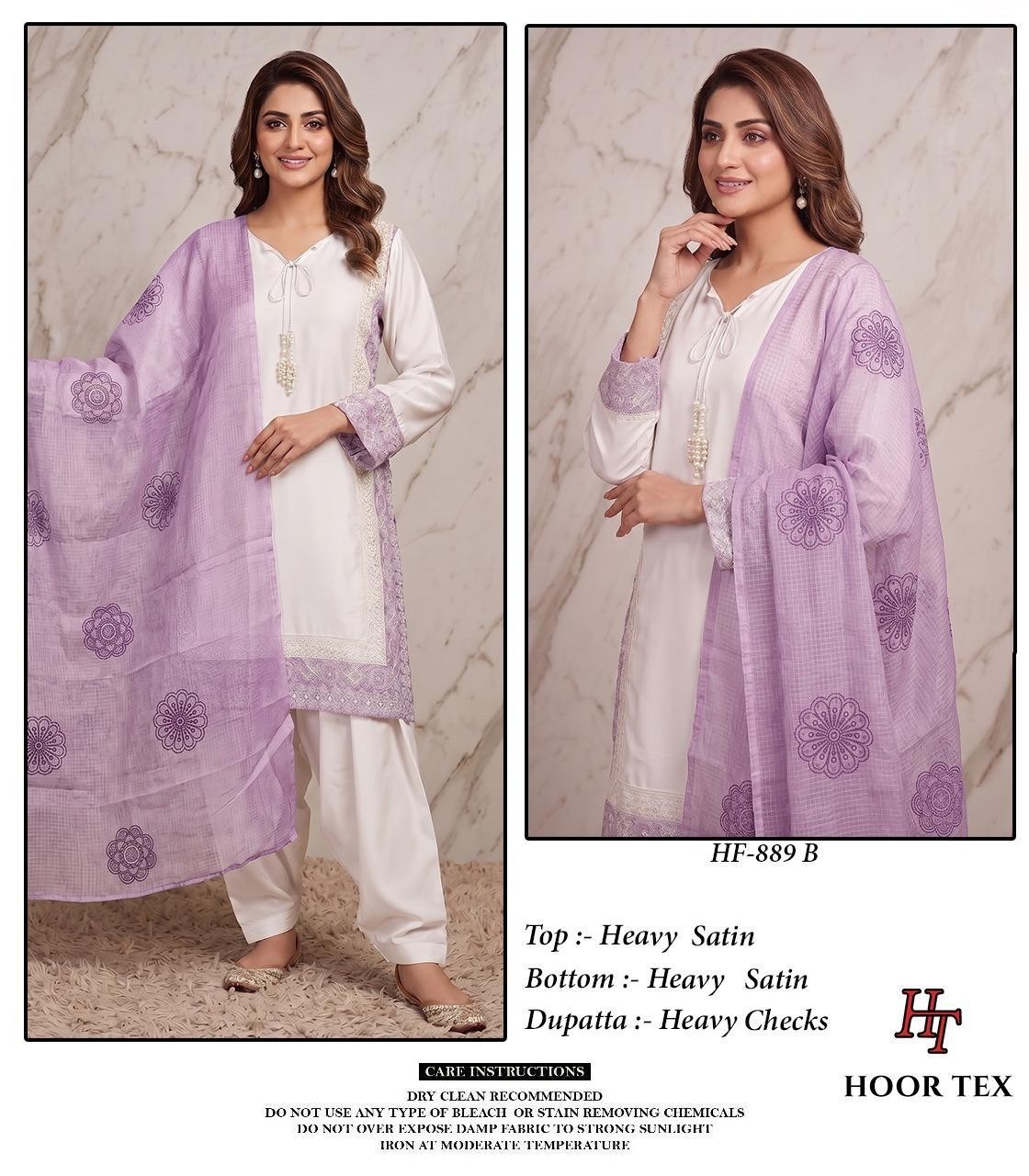 HF - 889 A B C D HEAVY SATIN READYMADE PAKISTANI SUIT BY HOOR TEX 