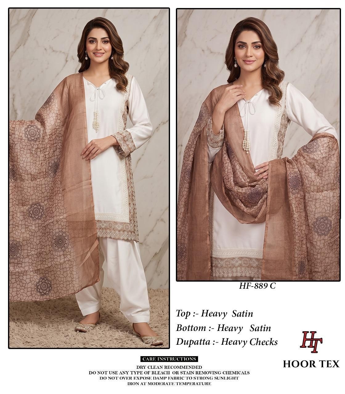 HF - 889 A B C D HEAVY SATIN READYMADE PAKISTANI SUIT BY HOOR TEX 