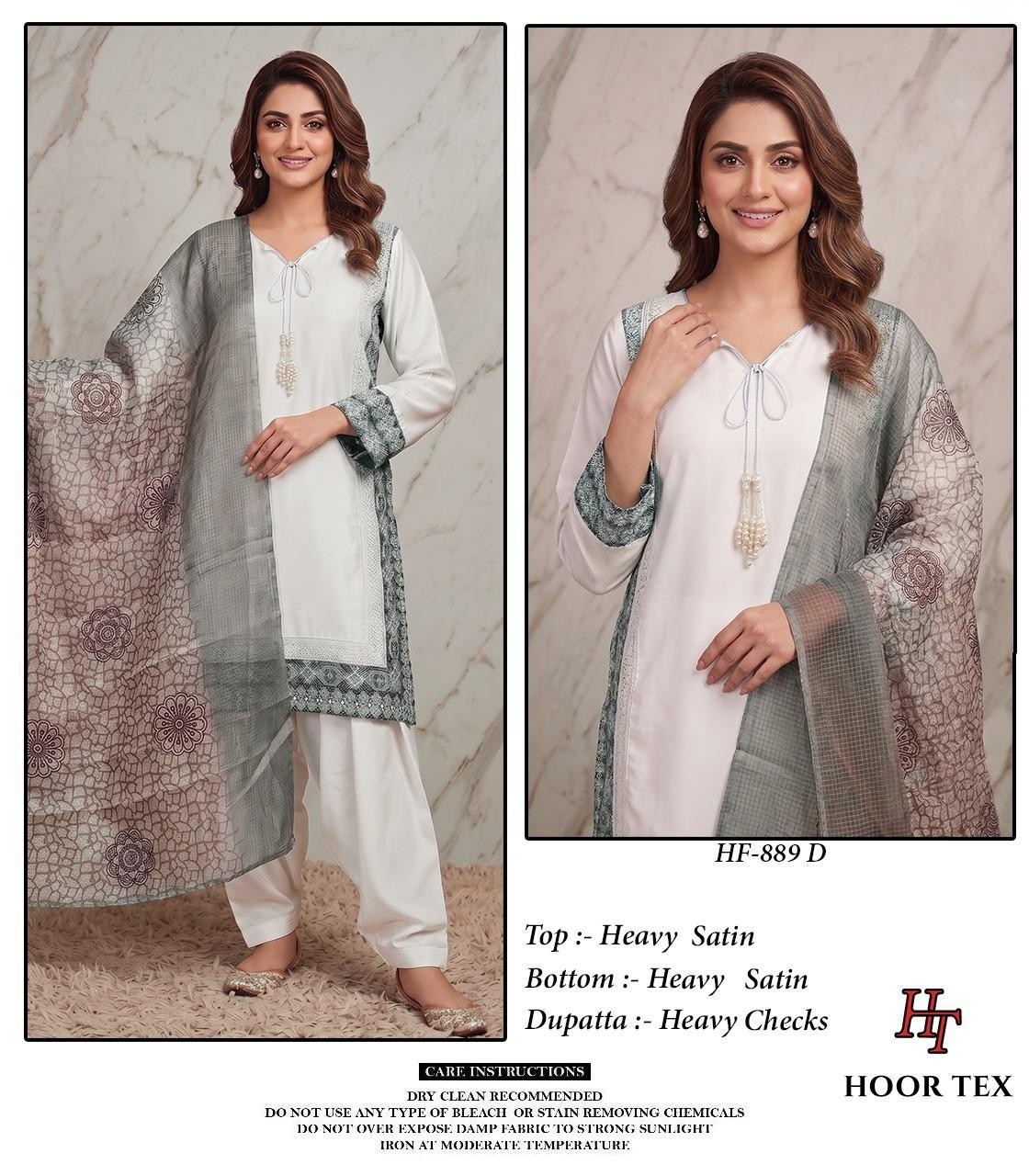 HF - 889 A B C D HEAVY SATIN READYMADE PAKISTANI SUIT BY HOOR TEX 