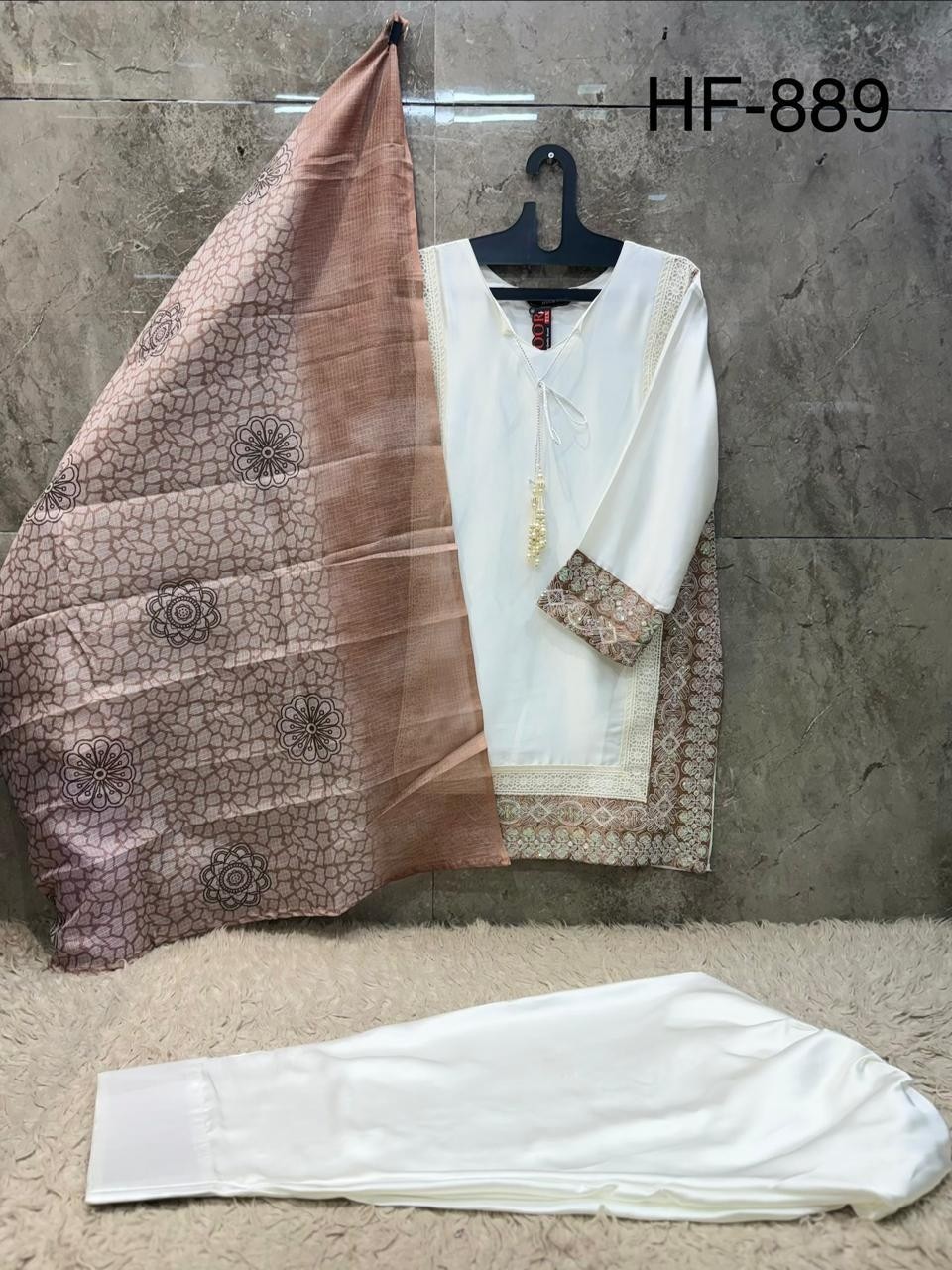 HF - 889 A B C D HEAVY SATIN READYMADE PAKISTANI SUIT BY HOOR TEX 