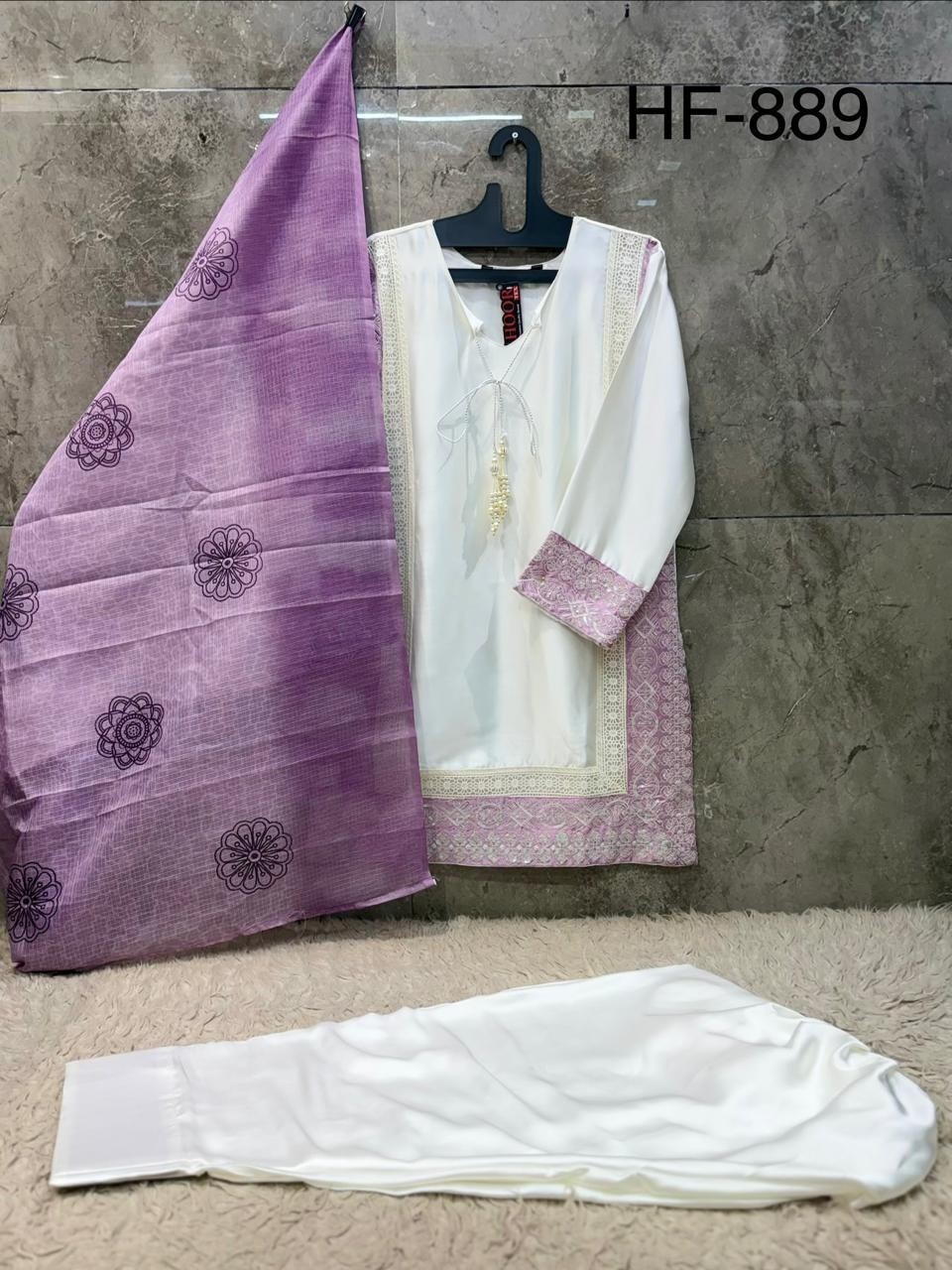 HF - 889 A B C D HEAVY SATIN READYMADE PAKISTANI SUIT BY HOOR TEX 