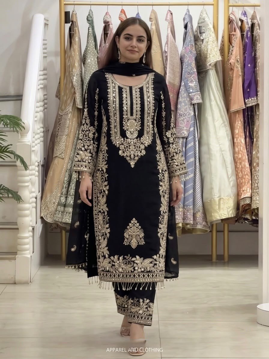 SR - 1617 FAUX GEORGETTE WITH HEAVY EMBROIDERY SEQUENCE WORK IN PAKISTANI READYMADE SUIT 