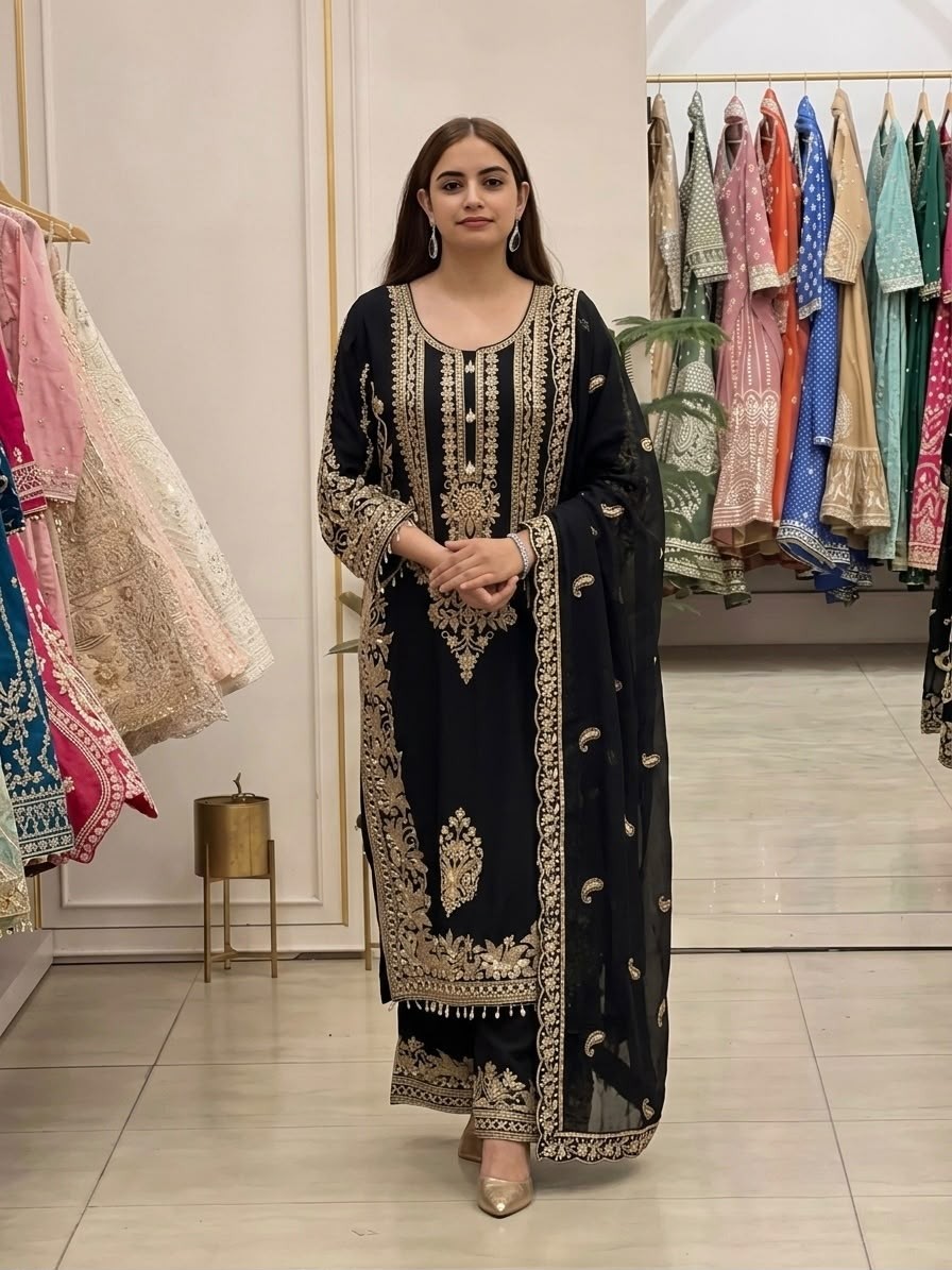 SR - 1617 FAUX GEORGETTE WITH HEAVY EMBROIDERY SEQUENCE WORK IN PAKISTANI READYMADE SUIT 