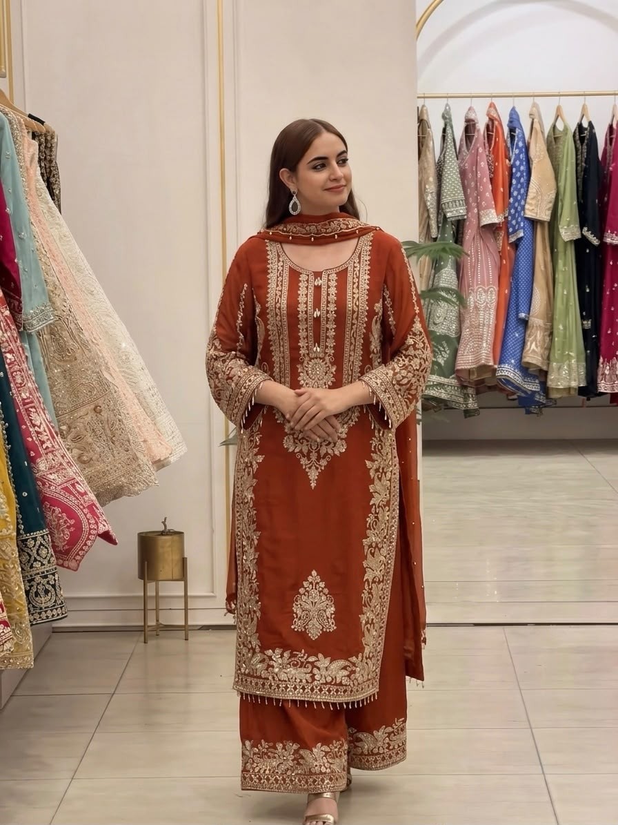 SR - 1617 FAUX GEORGETTE WITH HEAVY EMBROIDERY SEQUENCE WORK IN PAKISTANI READYMADE SUIT 