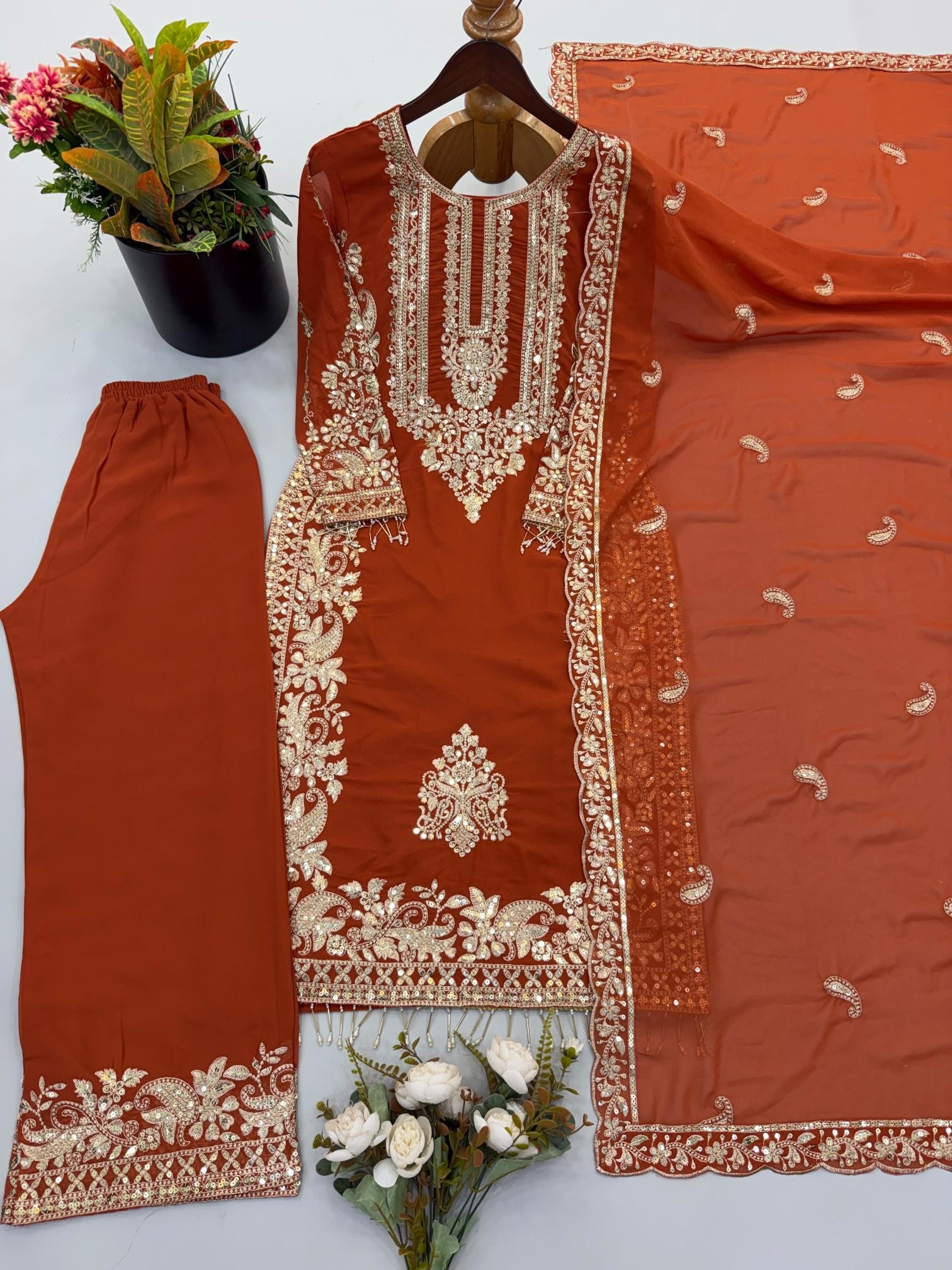 SR - 1617 FAUX GEORGETTE WITH HEAVY EMBROIDERY SEQUENCE WORK IN PAKISTANI READYMADE SUIT 