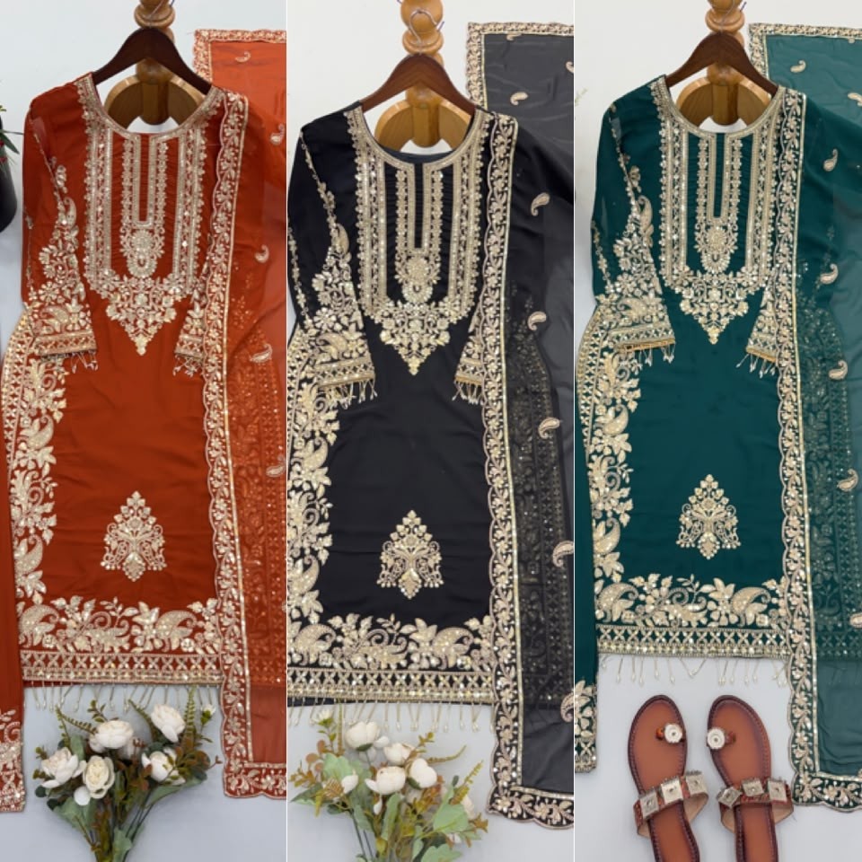 SR - 1617 FAUX GEORGETTE WITH HEAVY EMBROIDERY SEQUENCE WORK IN PAKISTANI READYMADE SUIT 