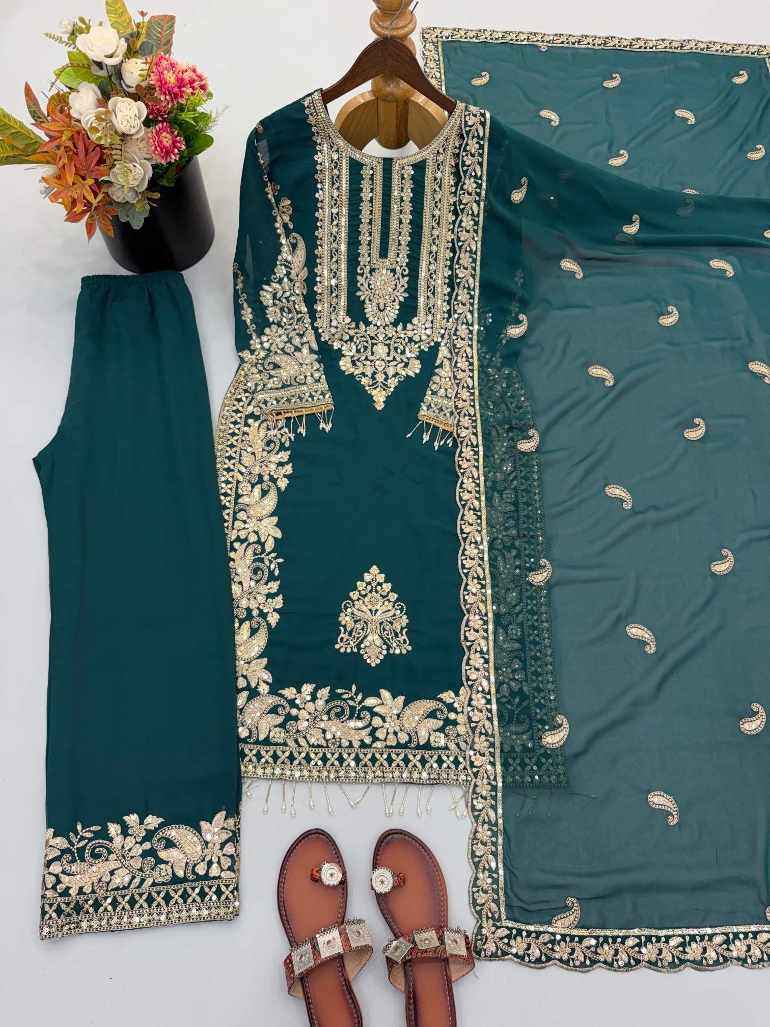 SR - 1617 FAUX GEORGETTE WITH HEAVY EMBROIDERY SEQUENCE WORK IN PAKISTANI READYMADE SUIT 