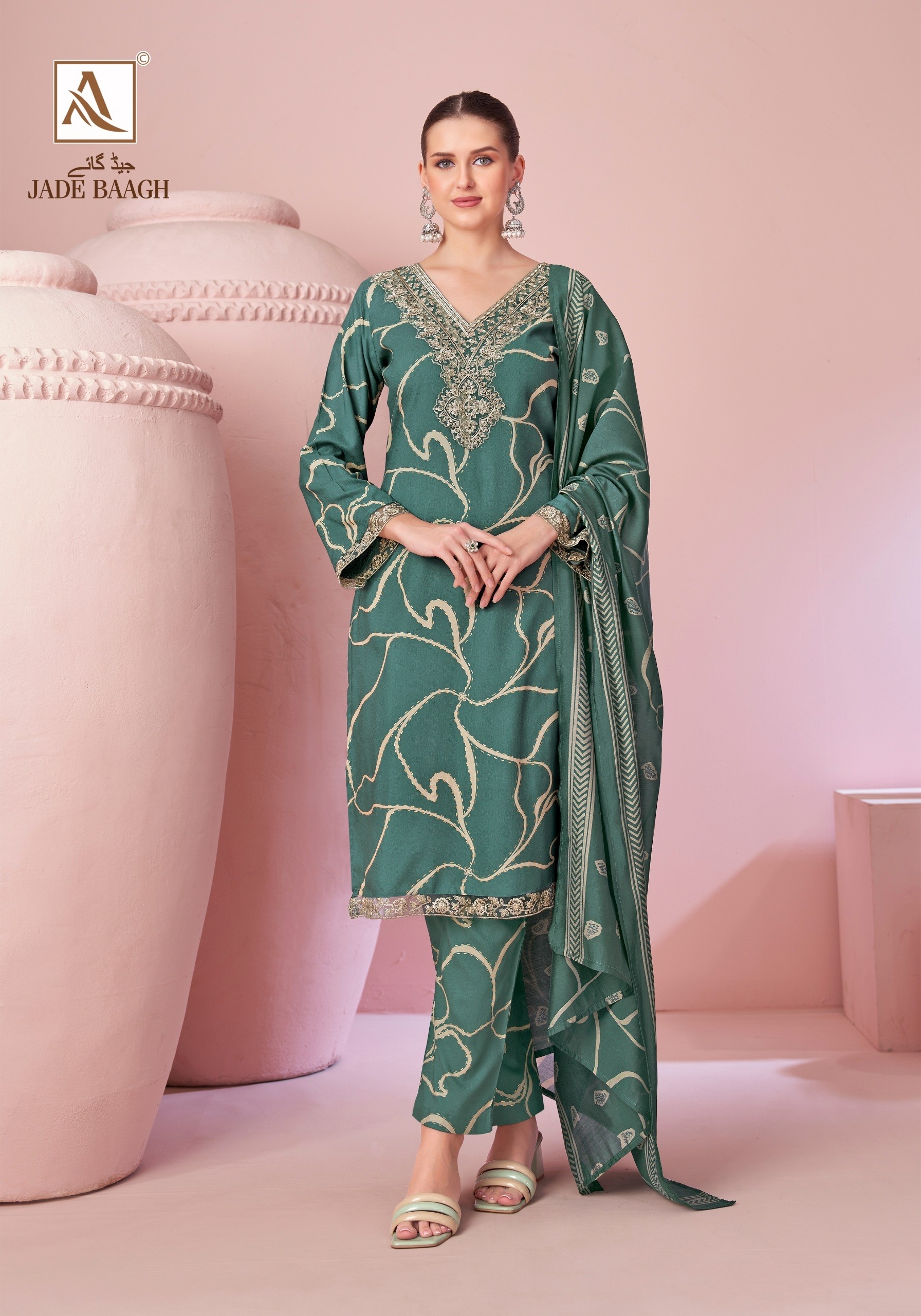 JADE BAGH PURE VISCOSE REYON FOIL PRINT WITH FANCY EMBROIDERY BY ALOK SUITS 