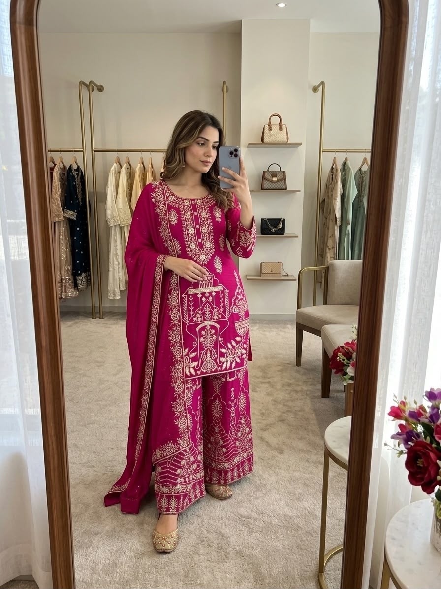 WW - 1248 PURE CP-VICITRA SILK WITH EMBROIDERY WORK BY PAKISTANI READYMADE SHARARA SUIT COLLECTION 