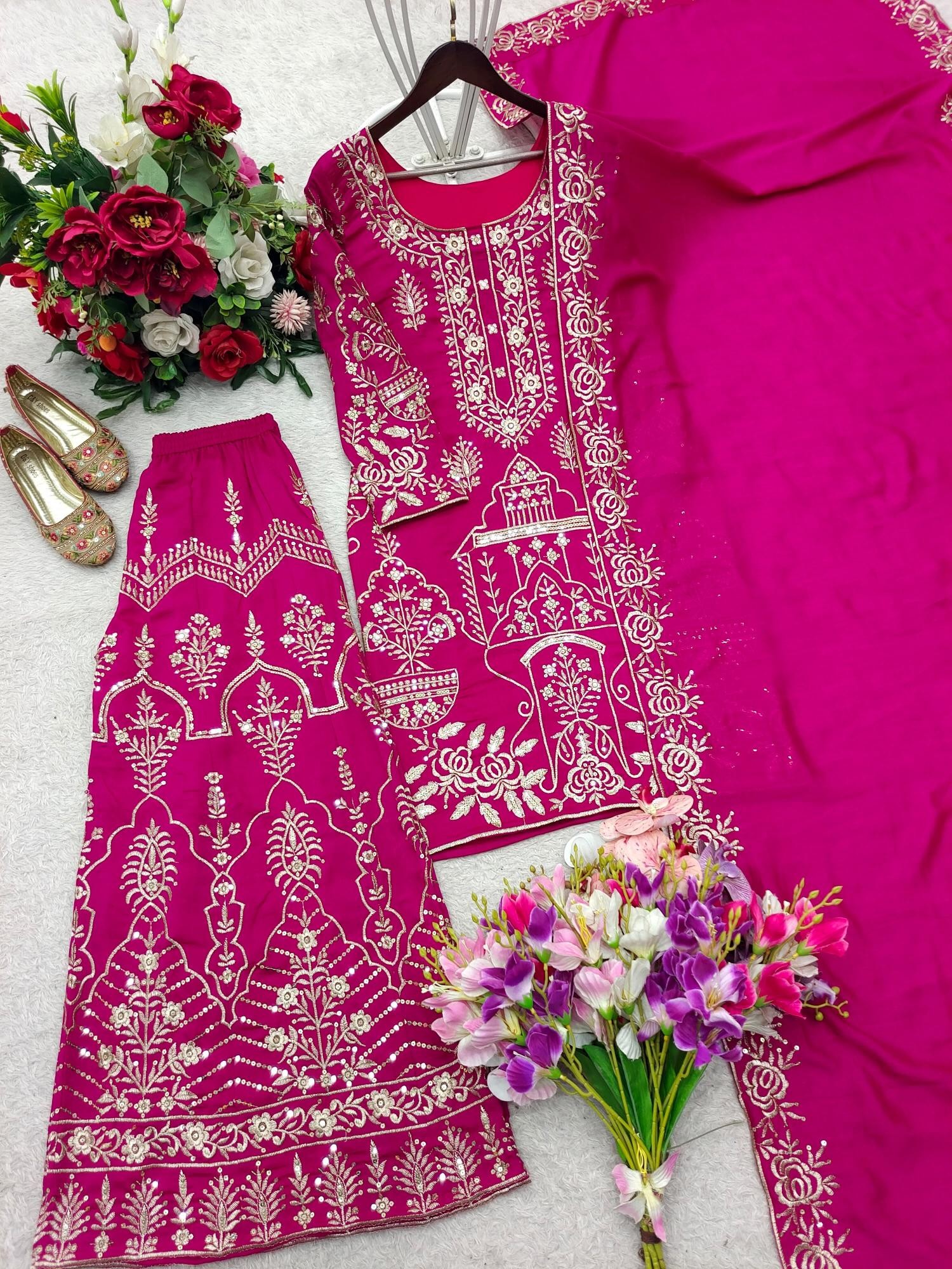 WW - 1248 PURE CP-VICITRA SILK WITH EMBROIDERY WORK BY PAKISTANI READYMADE SHARARA SUIT COLLECTION 
