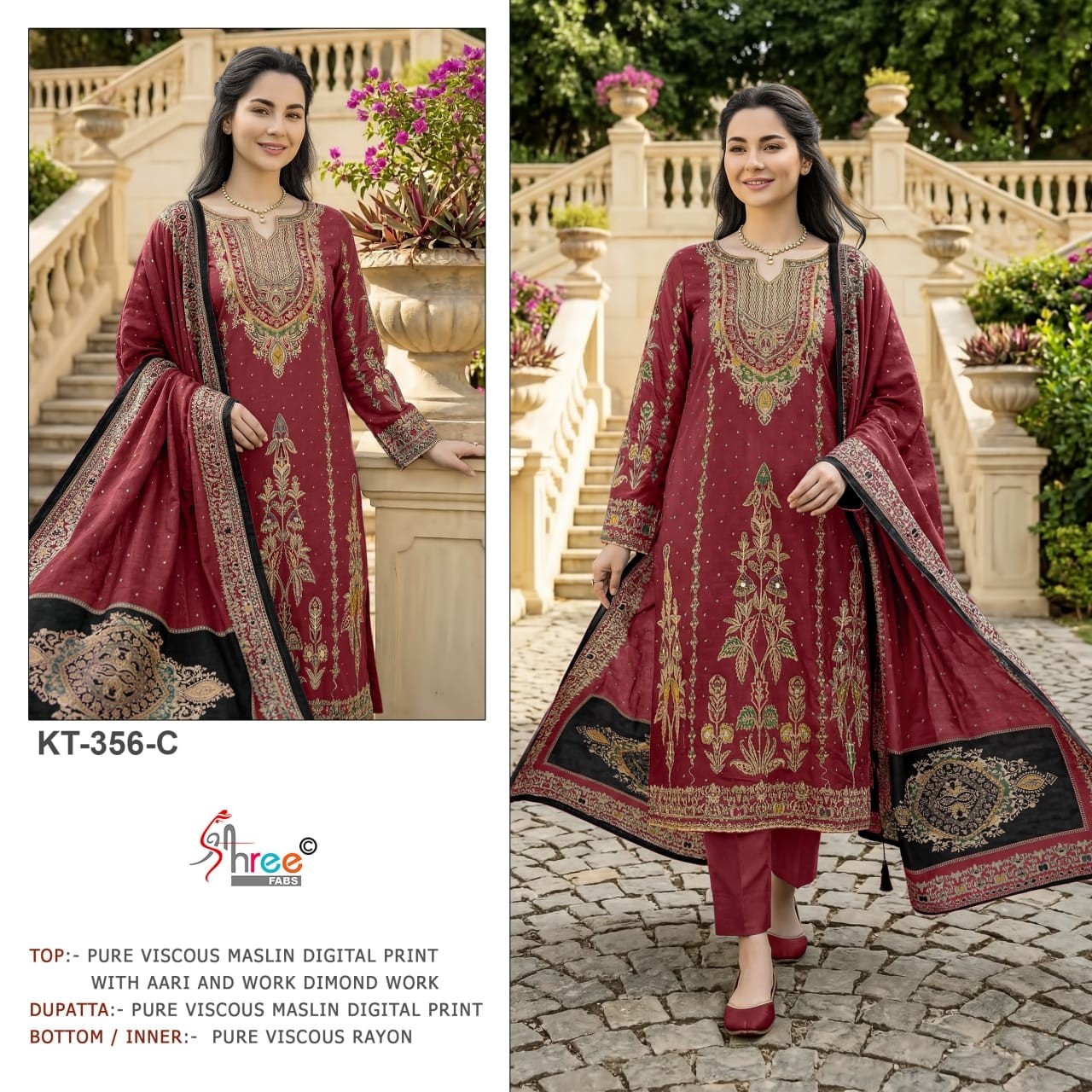 KT - 356 A B C PURE VISCOSE MUSLIN DIGITAL PRINT AND AARI WORK WITH DIAMOND BY PAKISTANI SUIT 