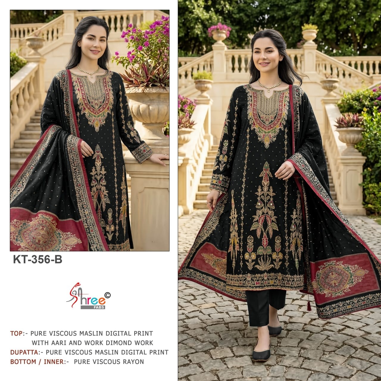 KT - 356 A B C PURE VISCOSE MUSLIN DIGITAL PRINT AND AARI WORK WITH DIAMOND BY PAKISTANI SUIT 