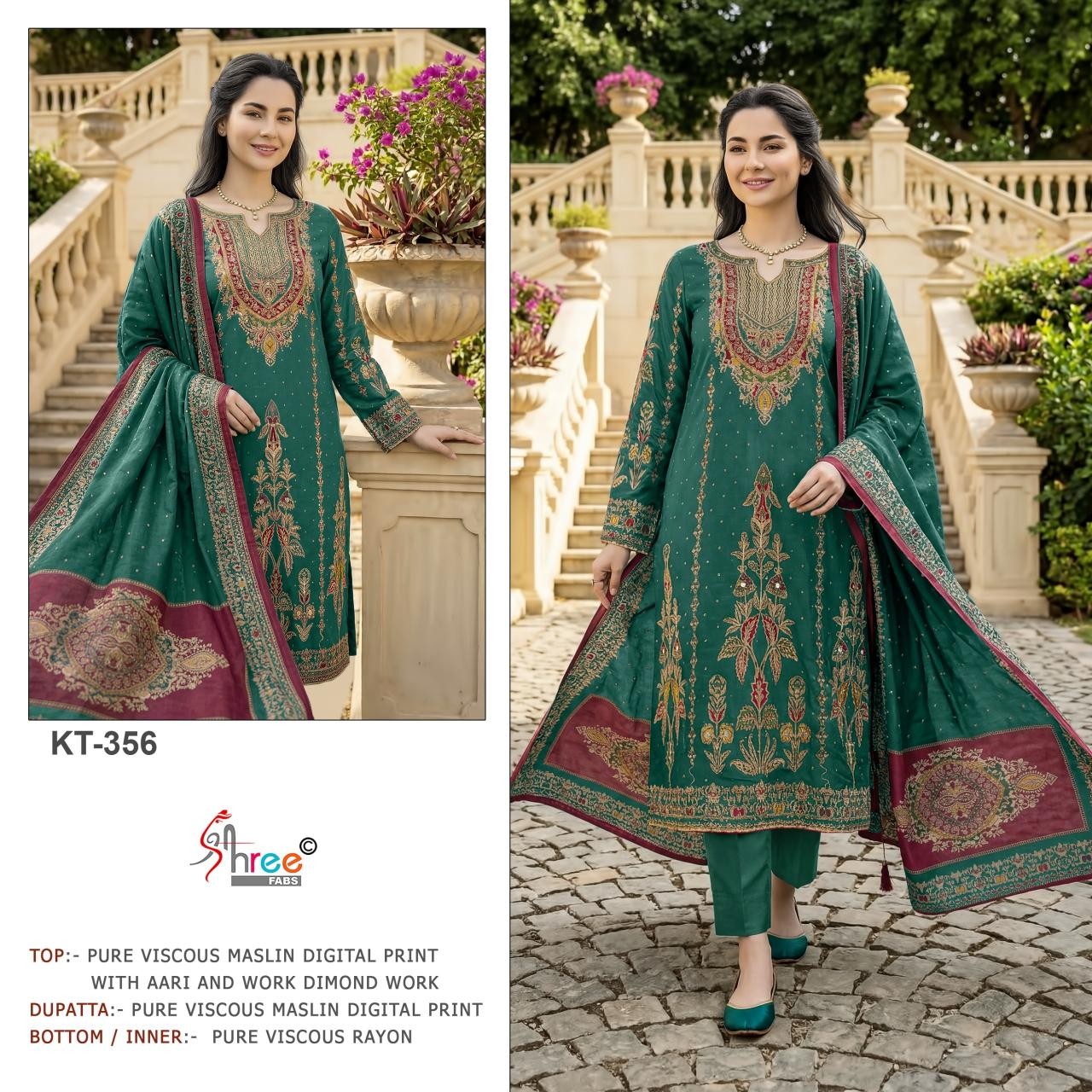 KT - 356 A B C PURE VISCOSE MUSLIN DIGITAL PRINT AND AARI WORK WITH DIAMOND BY PAKISTANI SUIT 