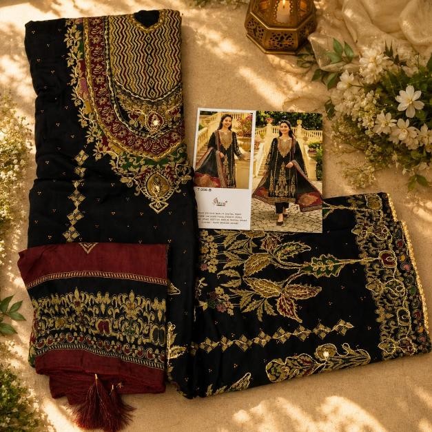 KT - 356 A B C PURE VISCOSE MUSLIN DIGITAL PRINT AND AARI WORK WITH DIAMOND BY PAKISTANI SUIT 