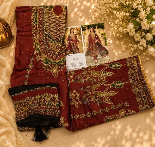 KT - 356 A B C PURE VISCOSE MUSLIN DIGITAL PRINT AND AARI WORK WITH DIAMOND BY PAKISTANI SUIT 