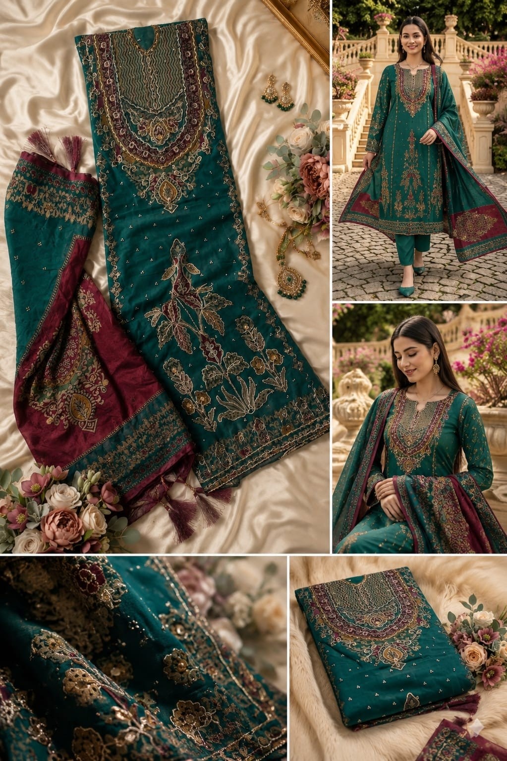 KT - 356 A B C PURE VISCOSE MUSLIN DIGITAL PRINT AND AARI WORK WITH DIAMOND BY PAKISTANI SUIT 