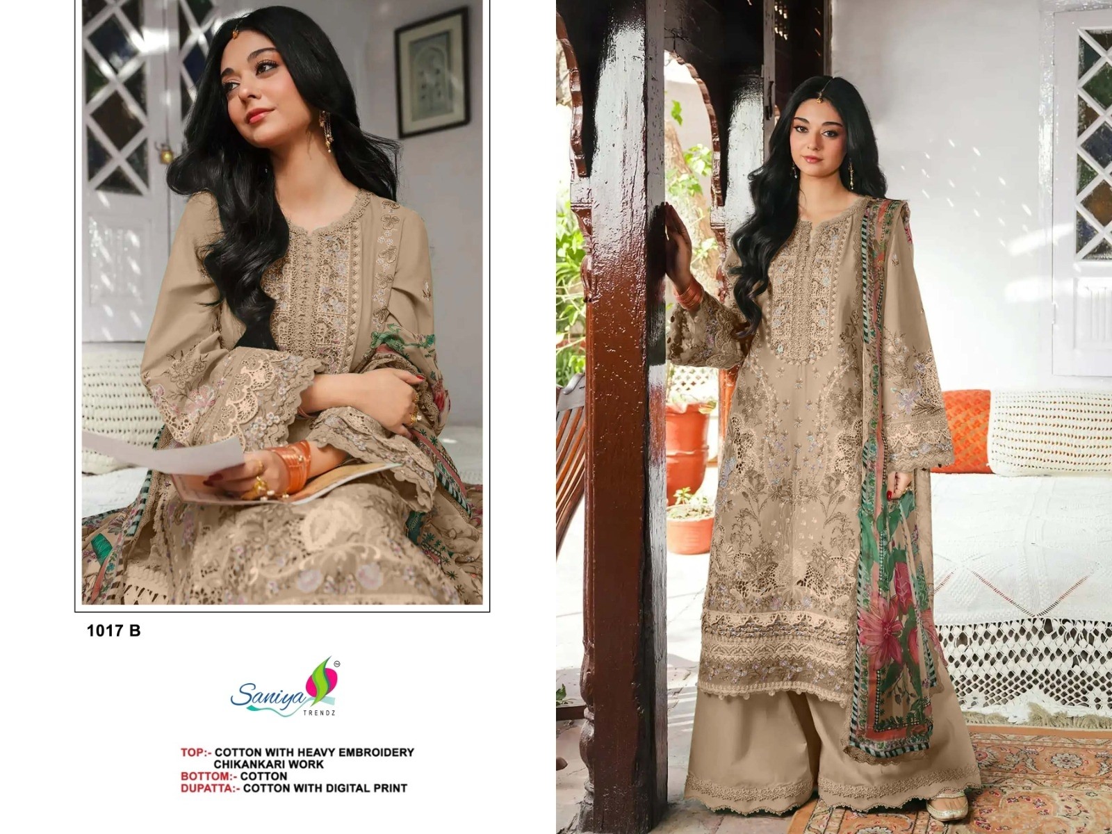 D.NO:- 1017 A B C D - COTTON WITH CHIKANKARI EMBROIDERY WORK BY PAKISTANI SUIT COLLECTION 