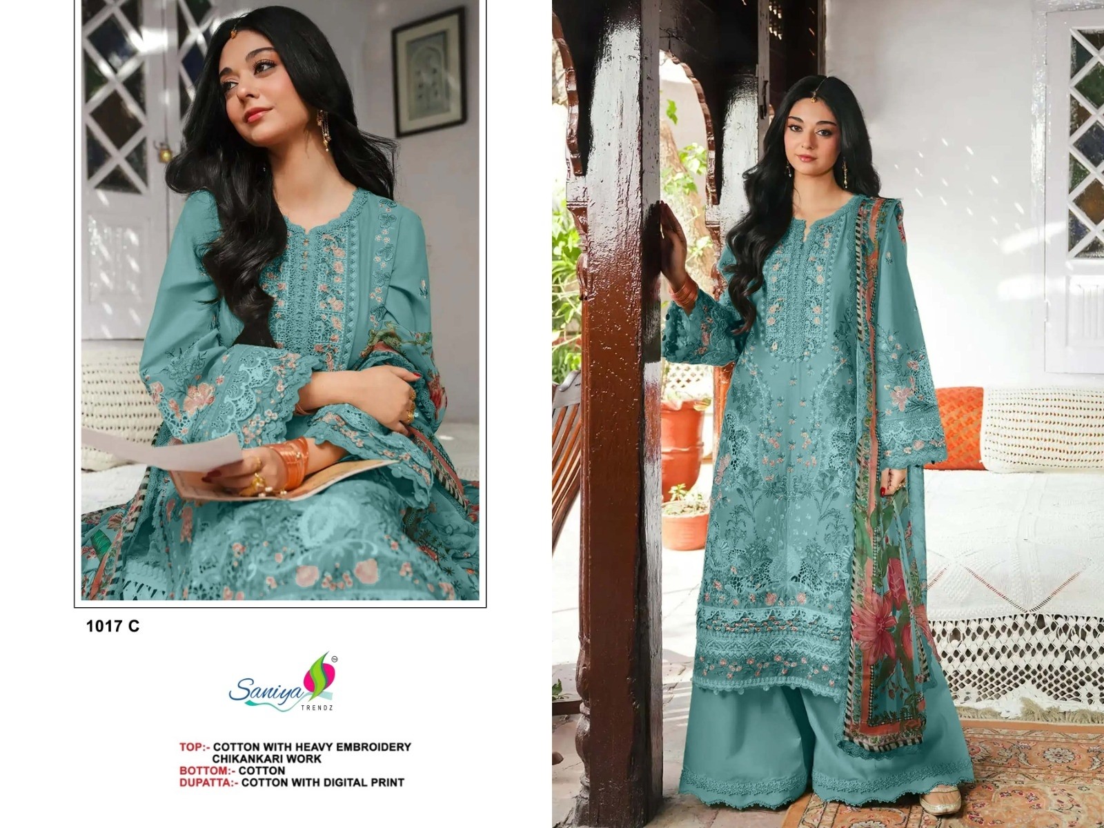 D.NO:- 1017 A B C D - COTTON WITH CHIKANKARI EMBROIDERY WORK BY PAKISTANI SUIT COLLECTION 