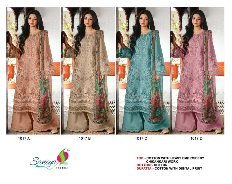 D.NO:- 1017 A B C D - COTTON WITH CHIKANKARI EMBROIDERY WORK BY PAKISTANI SUIT COLLECTION 