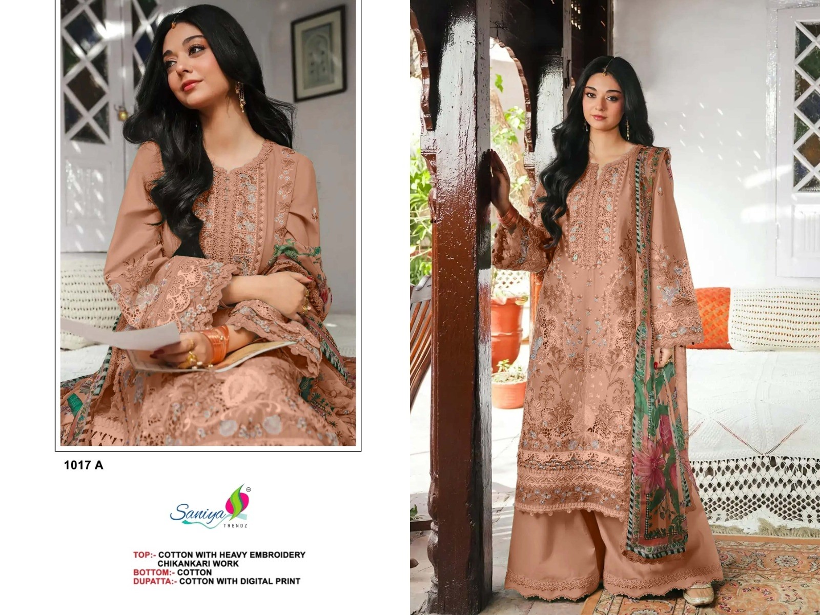 D.NO:- 1017 A B C D - COTTON WITH CHIKANKARI EMBROIDERY WORK BY PAKISTANI SUIT COLLECTION 