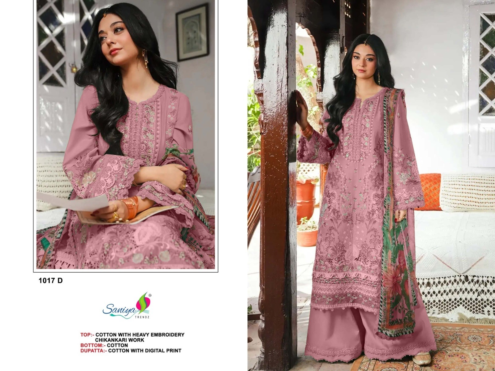 D.NO:- 1017 A B C D - COTTON WITH CHIKANKARI EMBROIDERY WORK BY PAKISTANI SUIT COLLECTION 