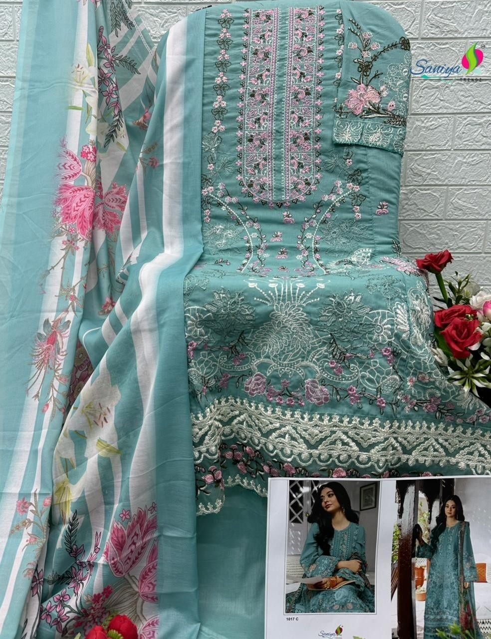 D.NO:- 1017 A B C D - COTTON WITH CHIKANKARI EMBROIDERY WORK BY PAKISTANI SUIT COLLECTION 