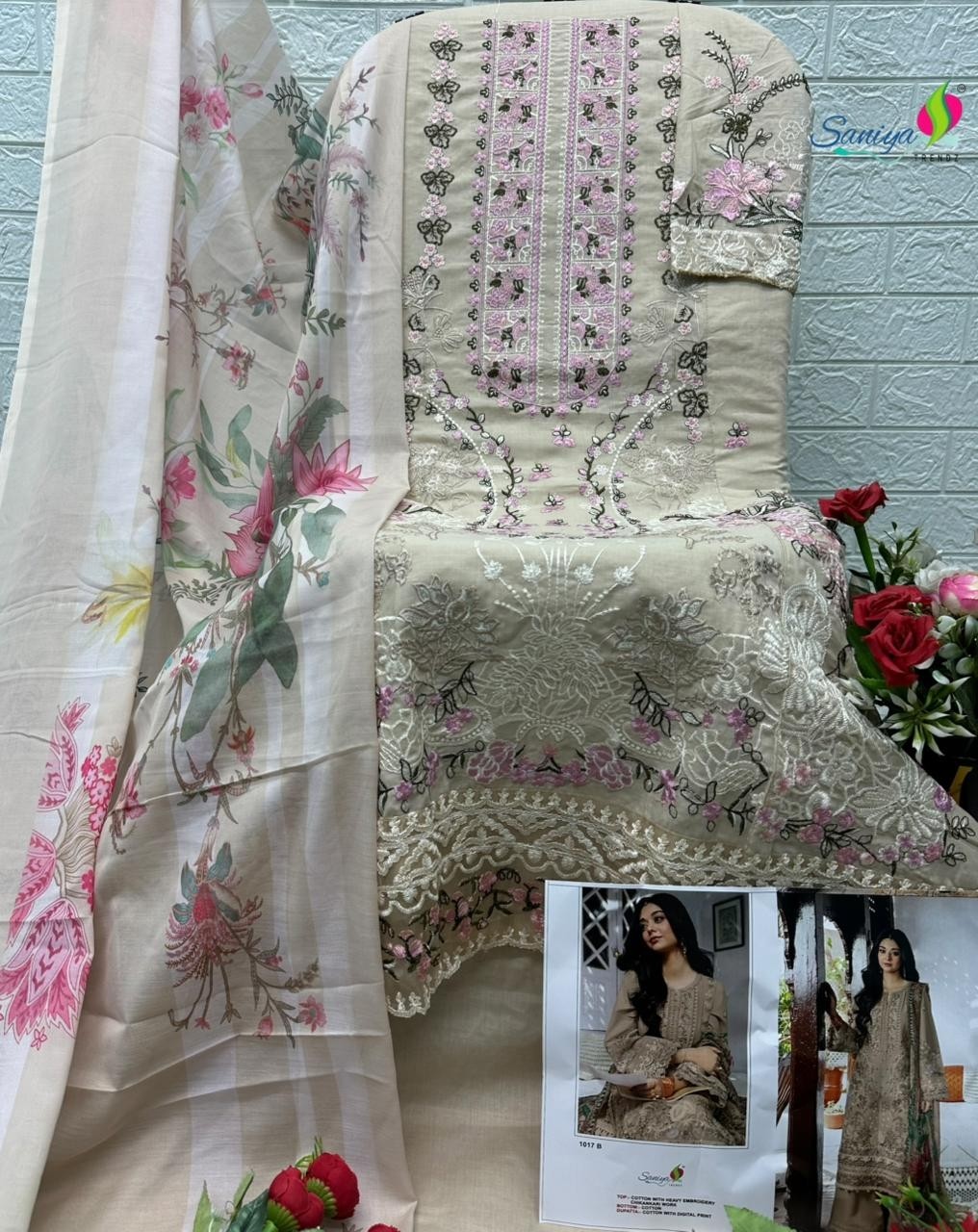 D.NO:- 1017 A B C D - COTTON WITH CHIKANKARI EMBROIDERY WORK BY PAKISTANI SUIT COLLECTION 