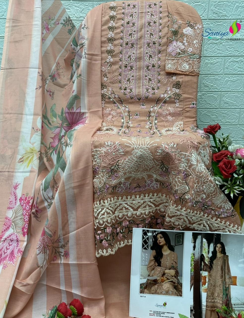 D.NO:- 1017 A B C D - COTTON WITH CHIKANKARI EMBROIDERY WORK BY PAKISTANI SUIT COLLECTION 