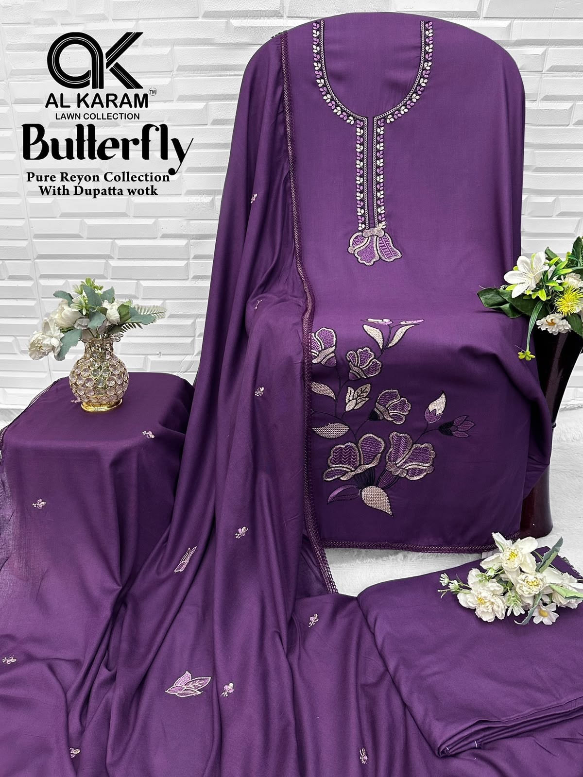 AL KARAM - BUTTERFLY - REYON FABRIC WITH EMBROIDERY WORK BY PAKISTANI SUIT COLLECTION 