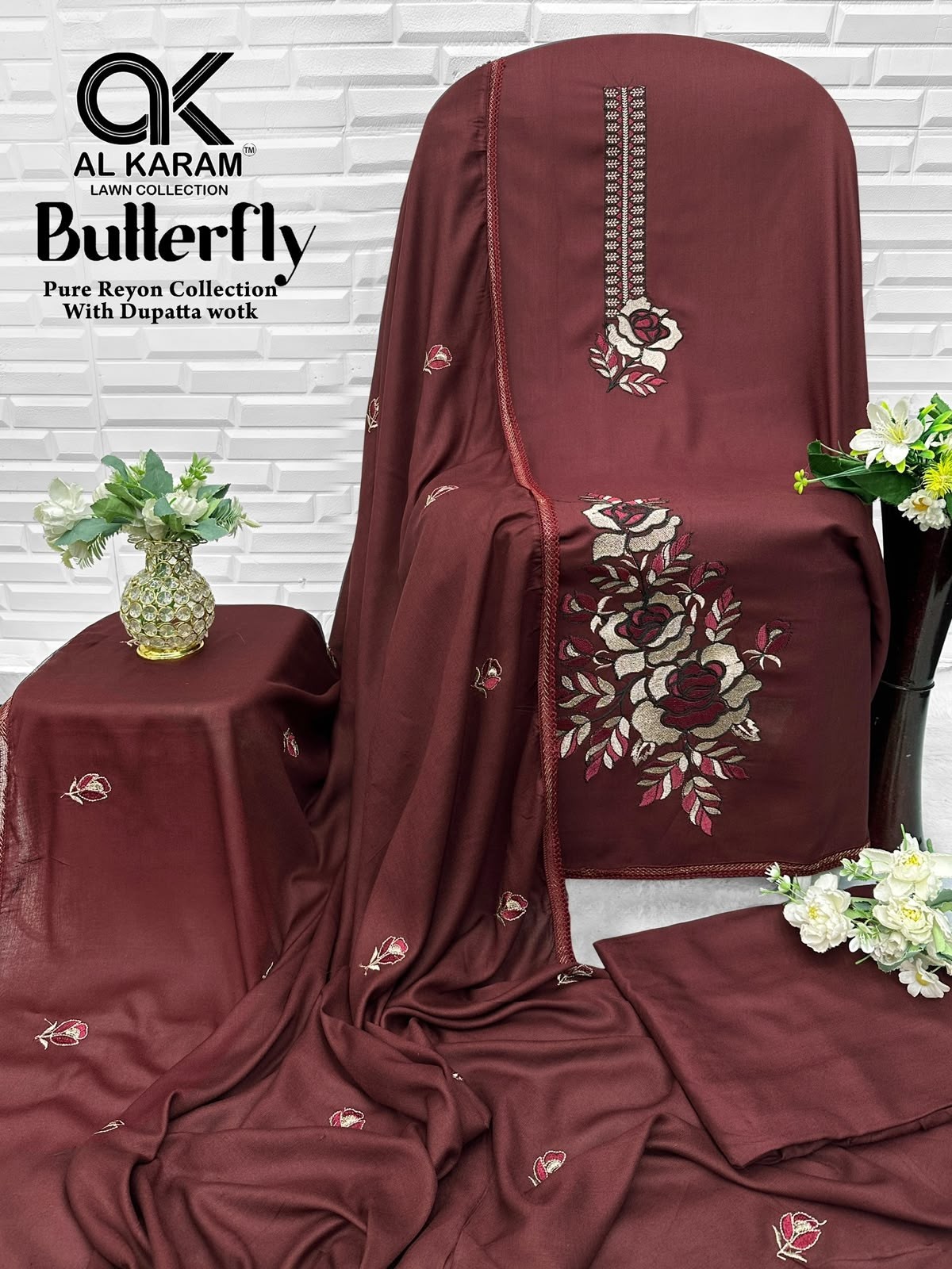 AL KARAM - BUTTERFLY - REYON FABRIC WITH EMBROIDERY WORK BY PAKISTANI SUIT COLLECTION 