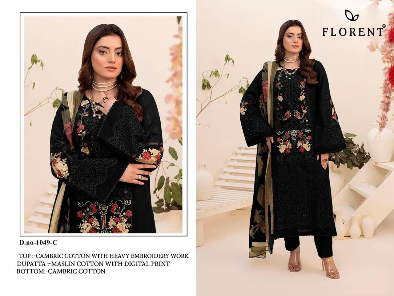 FLORENT - 1049 - CAMBRIC COTTON WITH HEAVY CHIKANKARI EMBROIDERY WORK BY PAKISTANI SUIT COLLECTION 