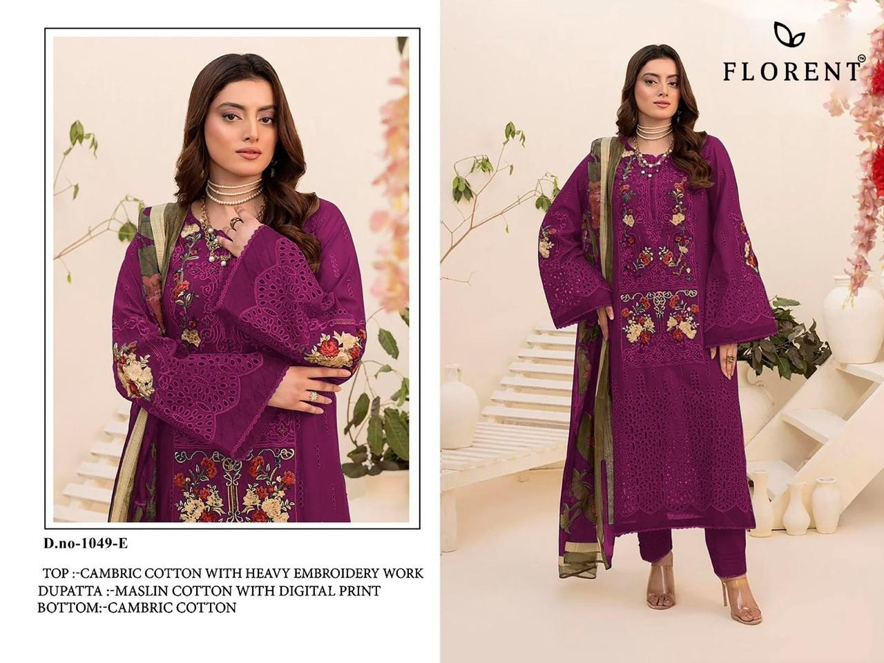 FLORENT - 1049 - CAMBRIC COTTON WITH HEAVY CHIKANKARI EMBROIDERY WORK BY PAKISTANI SUIT COLLECTION 