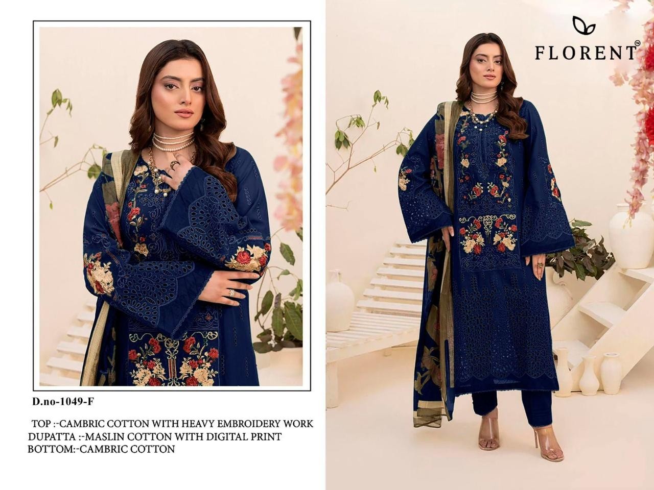 FLORENT - 1049 - CAMBRIC COTTON WITH HEAVY CHIKANKARI EMBROIDERY WORK BY PAKISTANI SUIT COLLECTION 