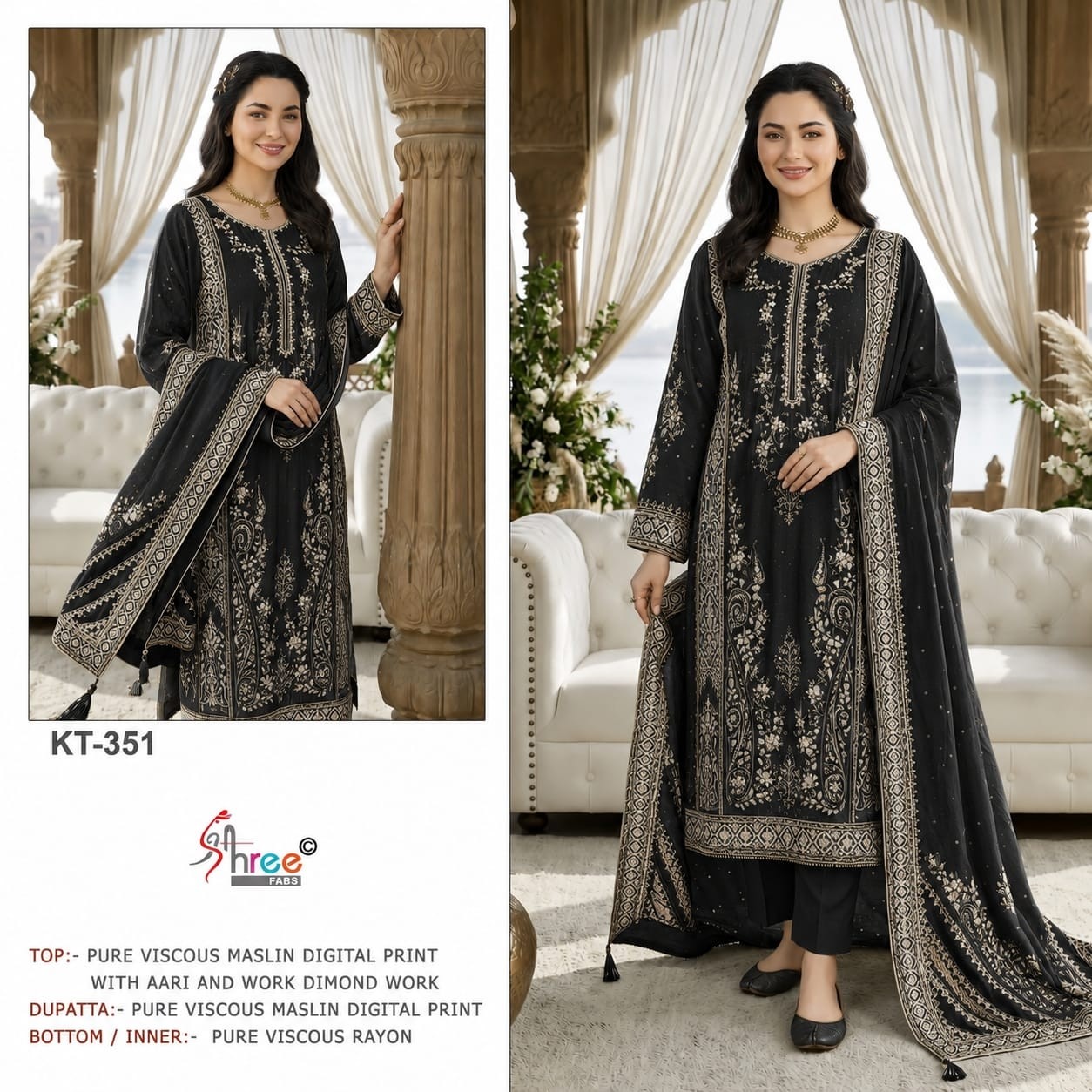 KT - 351 - PURE VISCOSE MUSLIN DIGITAL PRINT AND HAND WORK BY PAKISTANI SUIT COLLECTION BY SHREE FAB 