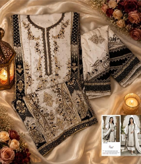 KT - 351 - PURE VISCOSE MUSLIN DIGITAL PRINT AND HAND WORK BY PAKISTANI SUIT COLLECTION BY SHREE FAB 