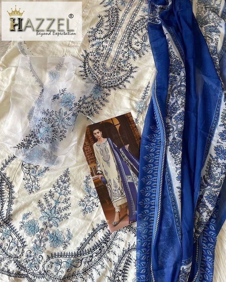D.NO:- H/047 - REYON WITH COTTON THREAD EMBROIDERY WORK AND SEQUENCE WORK BY PAKISTANI SUIT COLLECTION BY HAZZEL 