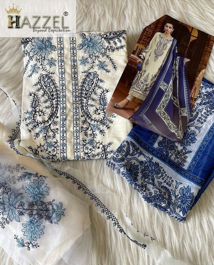 D.NO:- H/047 - REYON WITH COTTON THREAD EMBROIDERY WORK AND SEQUENCE WORK BY PAKISTANI SUIT COLLECTION BY HAZZEL 