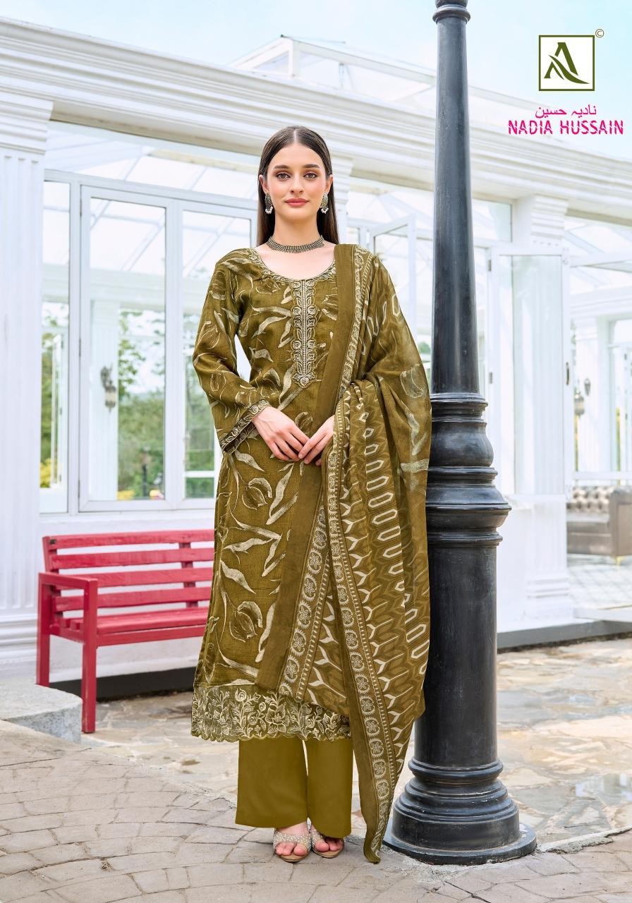 NADIA HUSSAIN :- PURE JAM COTTON FOIL WITH EMBROIDERY WORK BY ALOK SUIT 