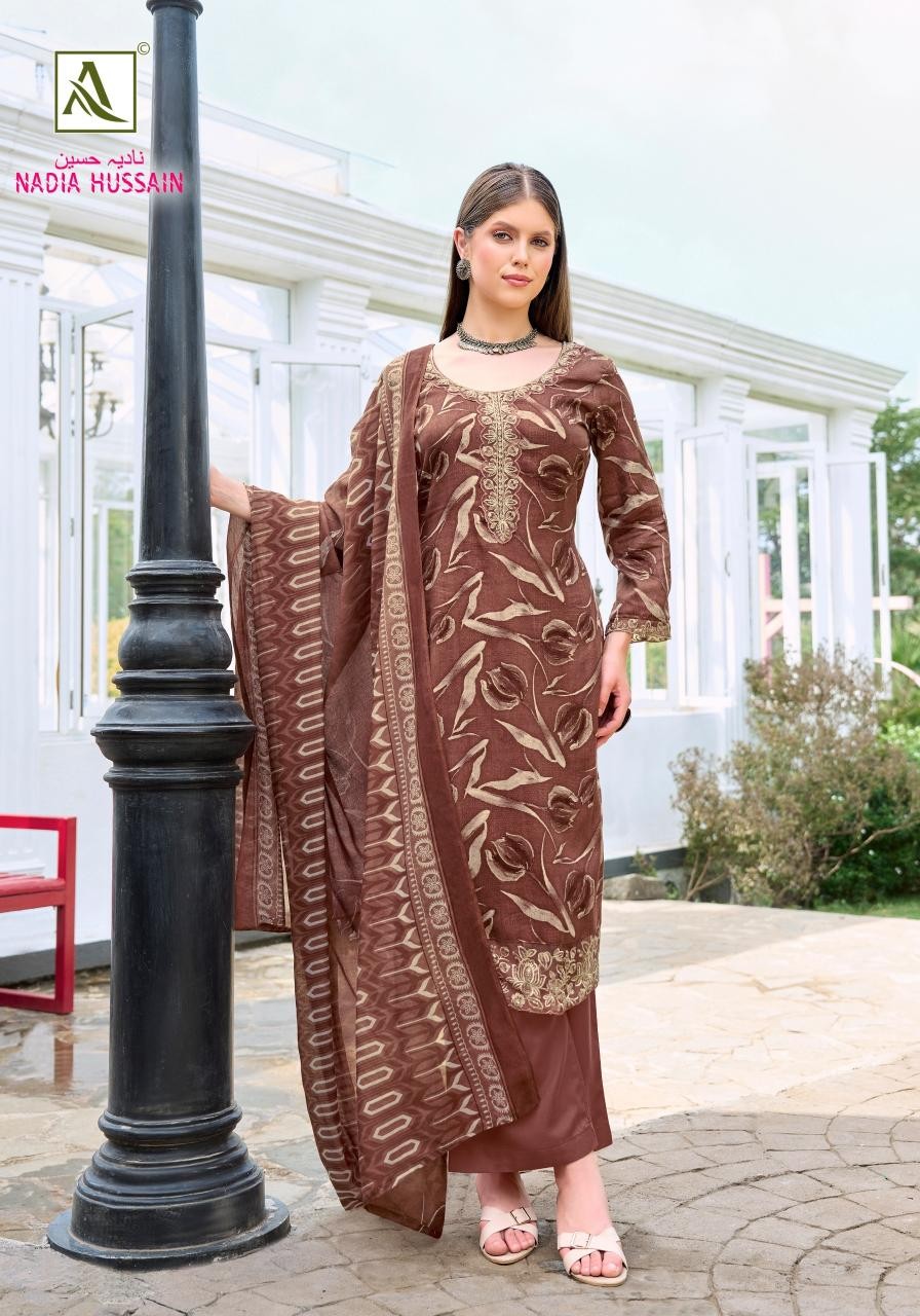 NADIA HUSSAIN :- PURE JAM COTTON FOIL WITH EMBROIDERY WORK BY ALOK SUIT 