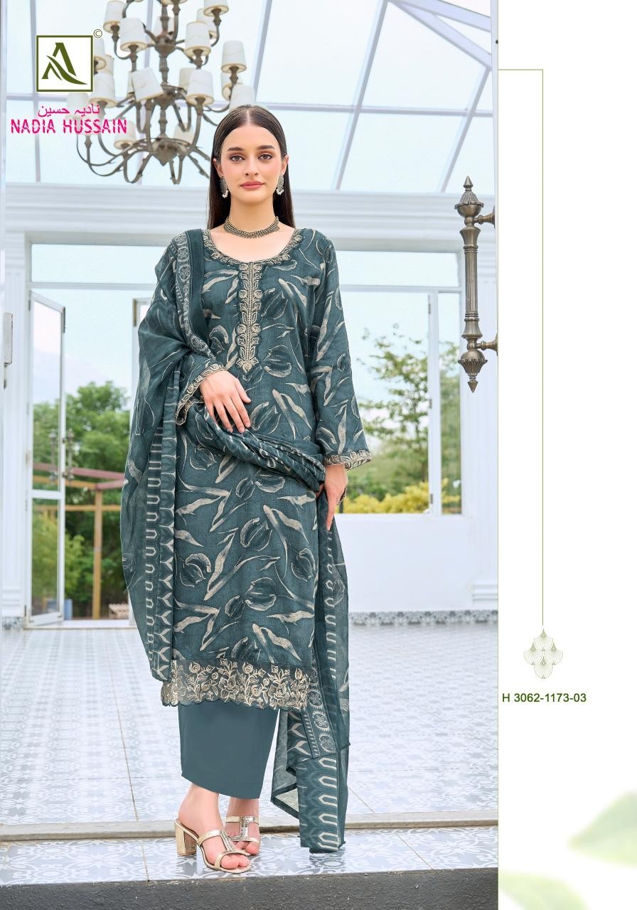 NADIA HUSSAIN :- PURE JAM COTTON FOIL WITH EMBROIDERY WORK BY ALOK SUIT 
