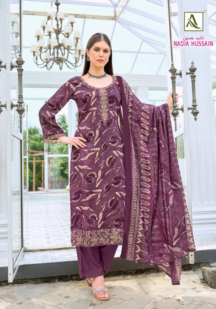 NADIA HUSSAIN :- PURE JAM COTTON FOIL WITH EMBROIDERY WORK BY ALOK SUIT 