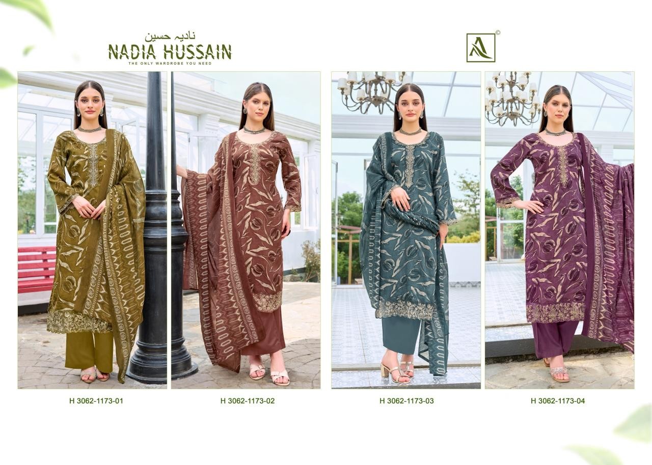 NADIA HUSSAIN :- PURE JAM COTTON FOIL WITH EMBROIDERY WORK BY ALOK SUIT 