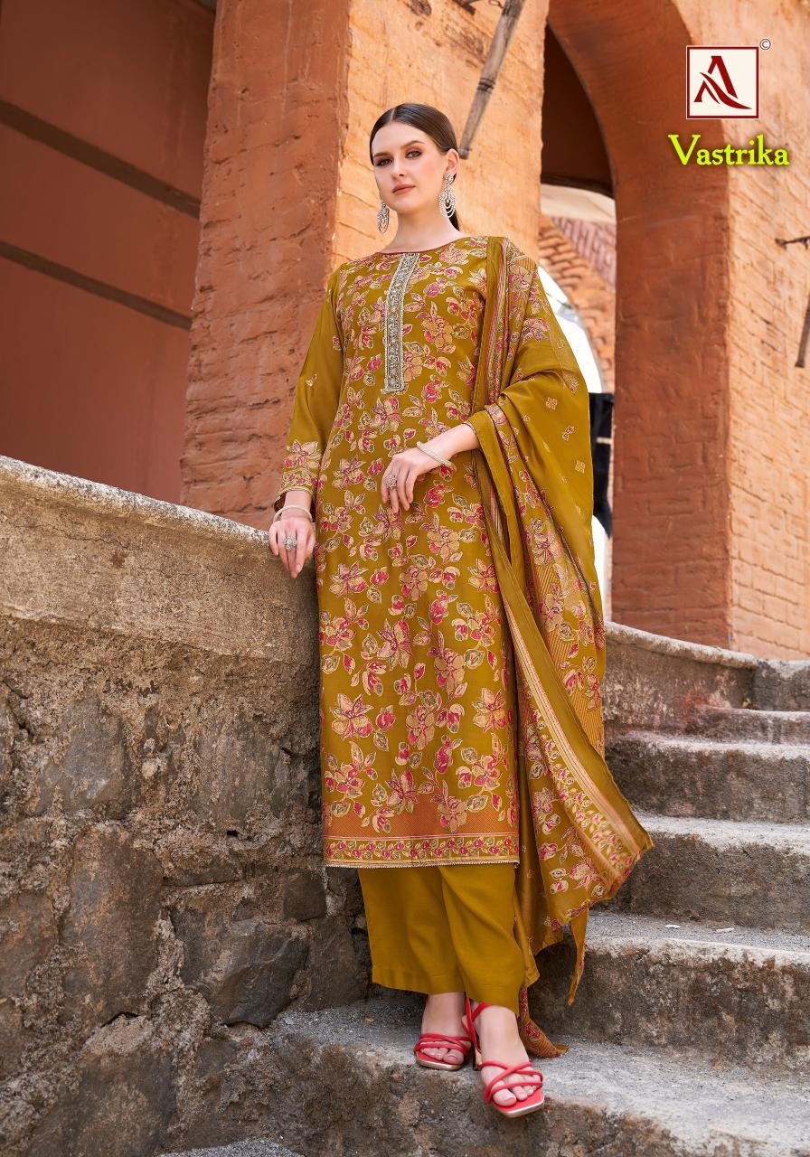 ALOK SUIT - VASTRIKA - VISCOSE MUDAAL DISCHARGE PRINT WITH EMBROIDERY WORK & ELEGANT HAND WORK SUIT 