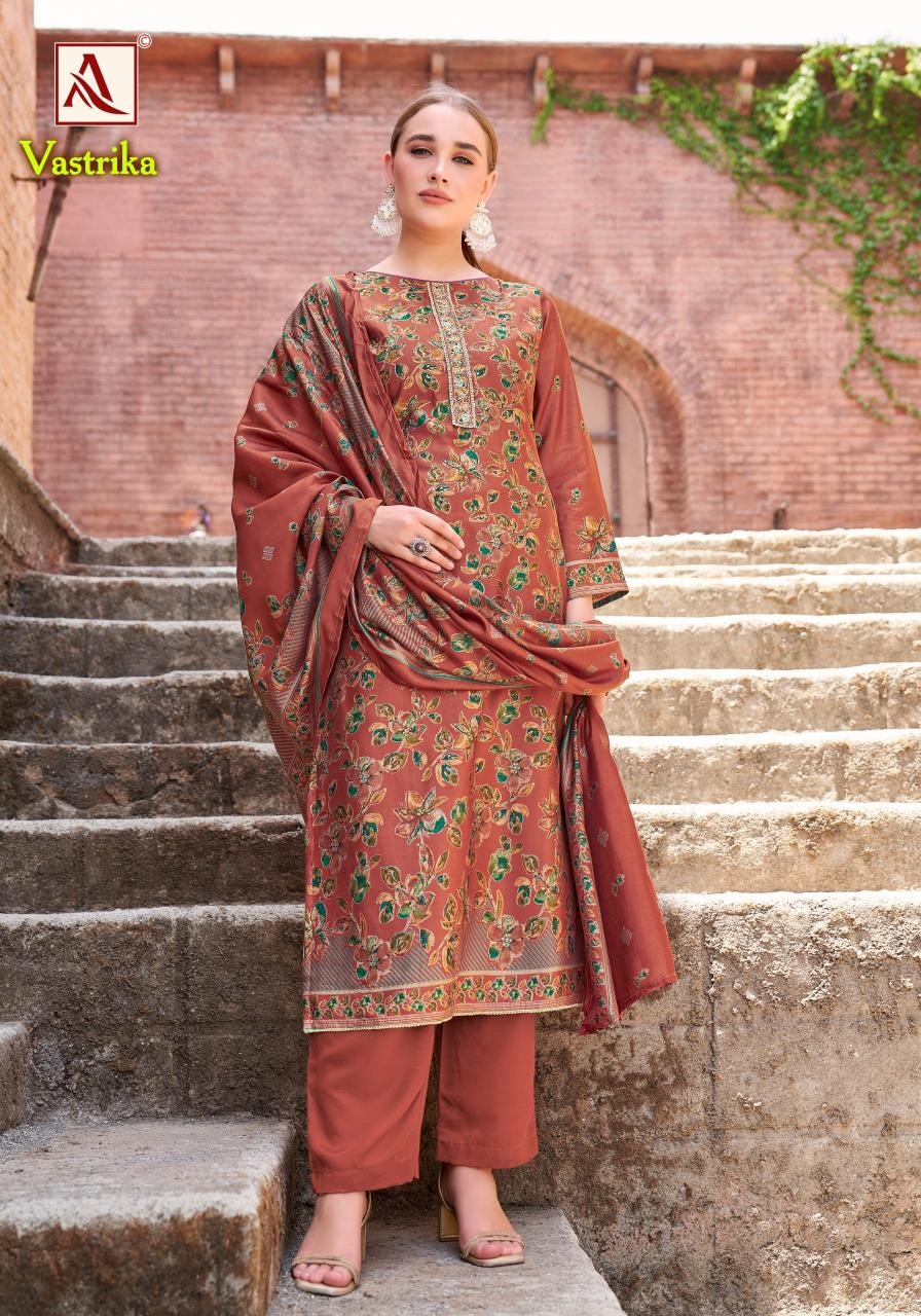 ALOK SUIT - VASTRIKA - VISCOSE MUDAAL DISCHARGE PRINT WITH EMBROIDERY WORK & ELEGANT HAND WORK SUIT 