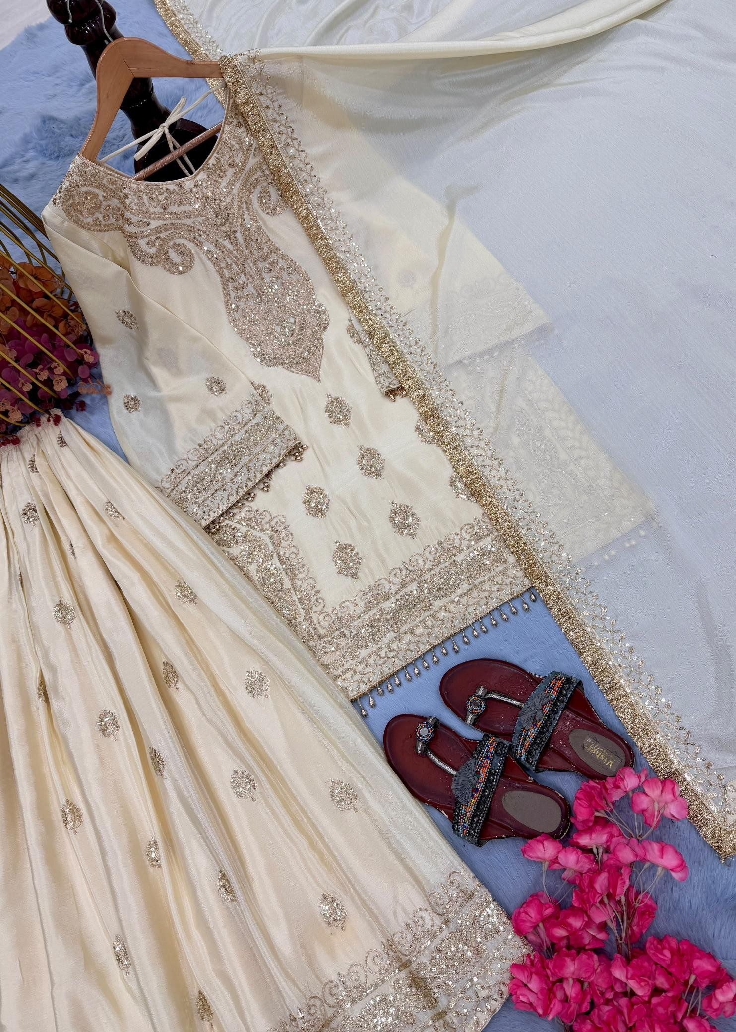 AD236 - HEAVY CHINON SILK WITH EMBROIDERY SEQUENCE WORK BY PAKISTANI READYMADE PLAZZO AND SHARARA SUIT COLLECTION 