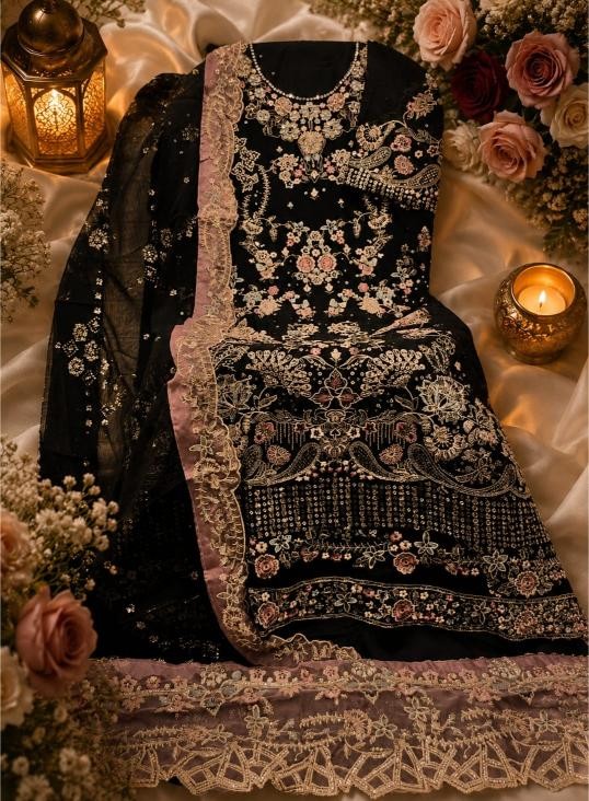 D.NO - HF - 5569 - CHIFFON HEAVY EMBROIDERY WITH HAND KHATLI & CUT WORK BY PAKISTANI SHARARA SUIT COLLECTION 