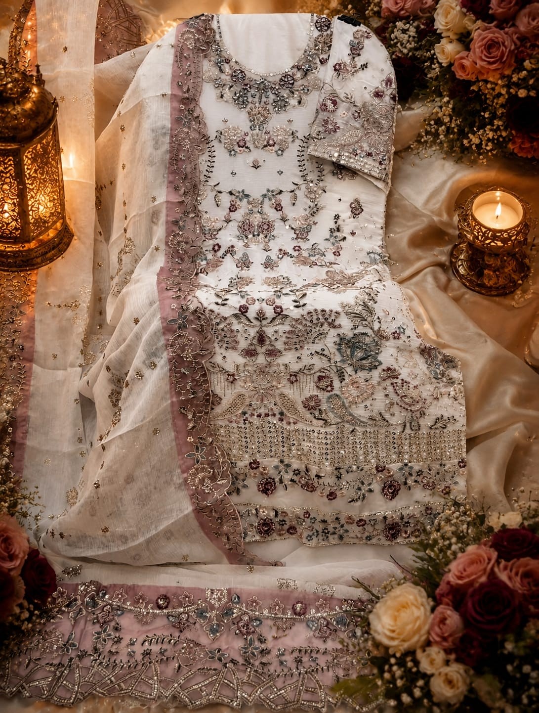 D.NO - HF - 5569 - CHIFFON HEAVY EMBROIDERY WITH HAND KHATLI & CUT WORK BY PAKISTANI SHARARA SUIT COLLECTION 